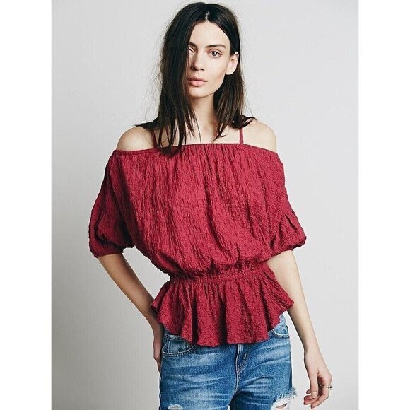 Free People Womens Shades of Cool Top XS Washed Berry Smocked Off Shoulder Shirt - Picture 1 of 6